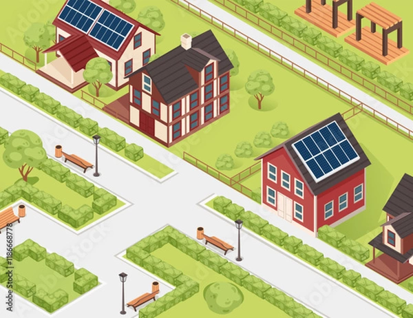 Fototapeta Isometric street view with houses, solar panels, and greenery. Great for residential or cityscape designs. Vector illustration