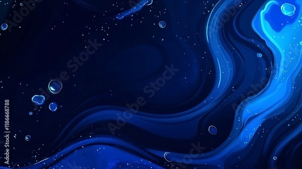 Obraz Abstract swirling blue liquid with bubbles on dark background.
