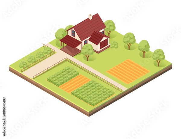 Obraz Isometric block with layers of earth. Farm with a red house, vegetable plots, trees, and pathways. Ideal for rural landscapes, agricultural designs, or eco-living visuals. Vector illustration