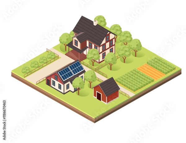 Obraz Isometric block with layers of earth. Rural area with multiple houses, solar panels, gardens, and farm plots. Perfect for countryside, farming, or sustainable housing designs. Vector illustration