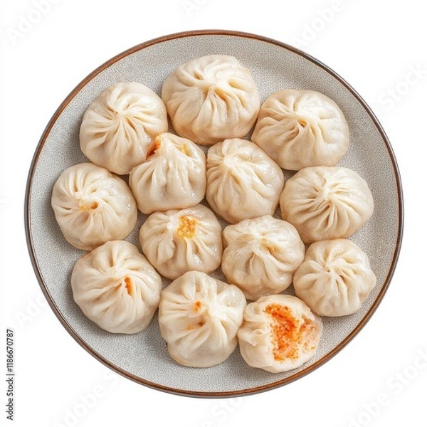 Fototapeta Delicious dumplings arranged neatly on a plate, showcasing their pleated design and soft texture, perfect for a culinary or food-related theme.