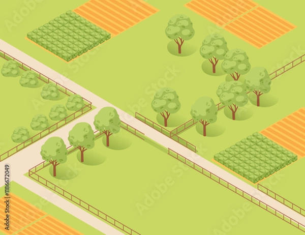 Obraz Isometric open farmland with fields, vegetable plots, scattered trees, and dirt pathways. Ideal for rural landscape or agricultural illustrations. Vector illustration