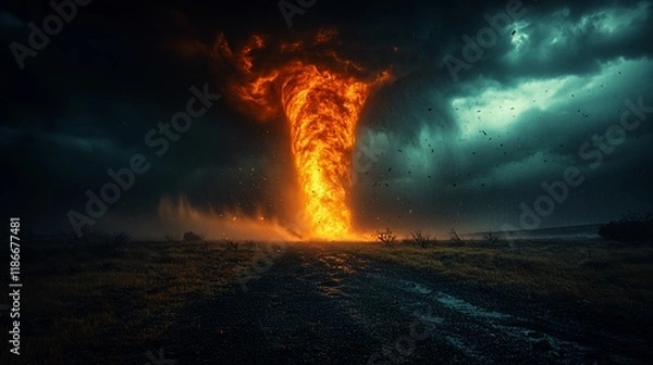 Fototapeta Fiery Tornado Descends Upon a Desolate Landscape