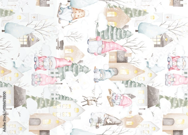 Obraz Watercolor seamless pattern with farm animals, tractor, farm house, tree

