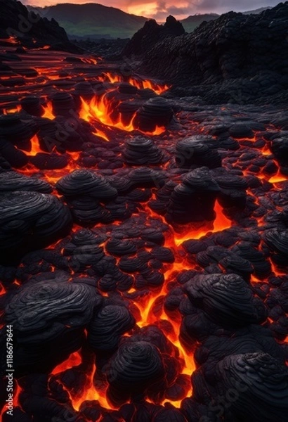 Fototapeta mesmerizing dynamic lava formations displaying vibrant molten textures captivating natural scenes, heat, magma, flow, orange, red, light, crater, surface