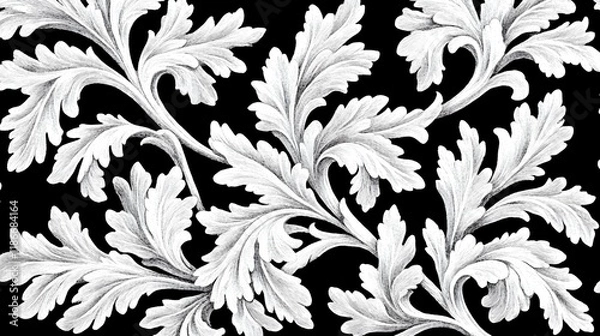 Obraz Intricate Black and White Marble Leaf Pattern Design for Textiles