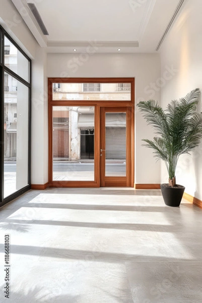 Fototapeta Bright and spacious interior with large windows and a potted plant in a modern setting