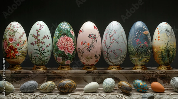 Fototapeta The artistry of Easter decorative eggs arranged in a captivating display