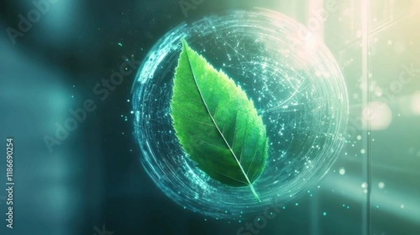 Fototapeta A conceptual image of a glowing green leaf merging with a holographic globe, set against a clean, abstract background emphasizing modern science