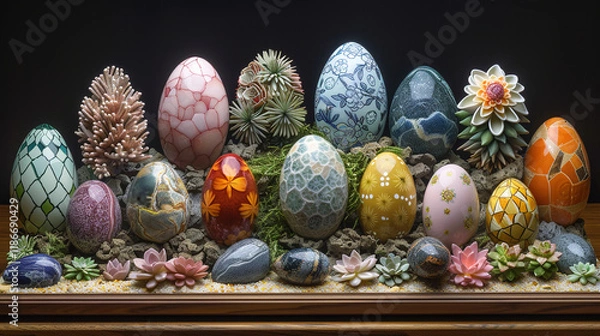 Fototapeta The artistry of Easter decorative eggs arranged in a captivating display