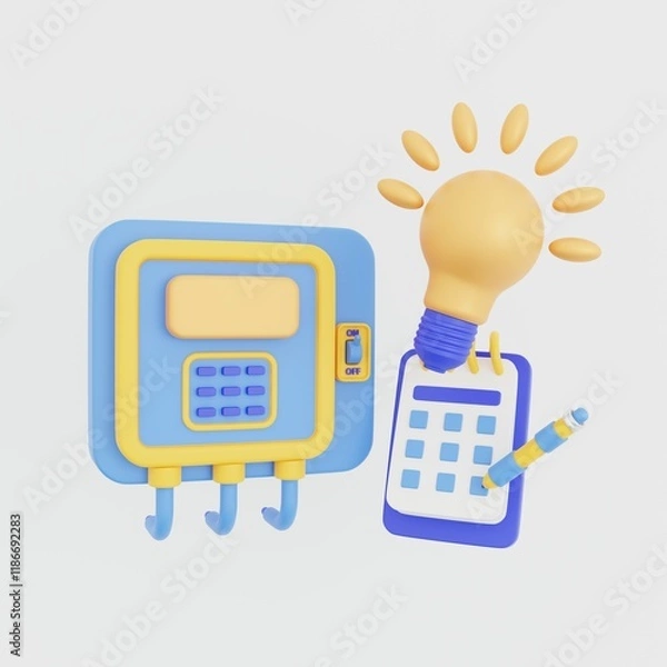 Fototapeta 3D icon of household electricity meter with light bulb and notebook with pen on white background.
Household electricity consumption metering concept. 3D rendering.