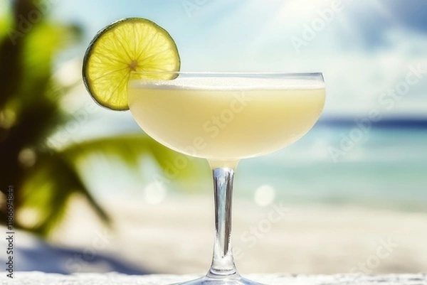Obraz Tropical Paradise: A refreshing, frosty cocktail, garnished with a lime wedge, stands on a pristine white beach, inviting you to escape to a sun-drenched island paradise. 
