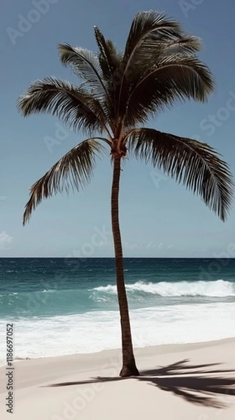 Fototapeta A serene tropical beach with white sand crystal clear turquoise waters and a single palm tree arching over the shore for a dreamy beach destination 