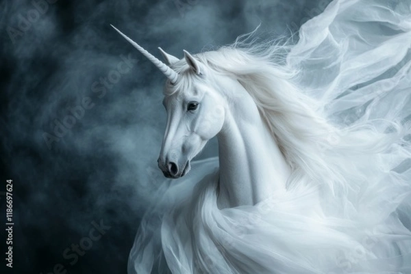 Fototapeta A unicorn standing on the edge of a cliff overlooking a vast, sparkling ocean under a bright full moon