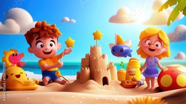Fototapeta Happy Kids Building Sandcastle Beach Fun Summertime Joyful Cartoon Characters Playful Scene
