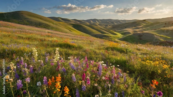 Fototapeta a vivid scene of rolling hills blanketed in colorful wildflowers, ai