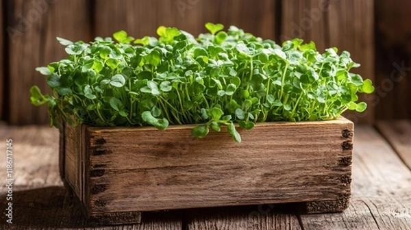 Fototapeta Garden cress in a rustic wooden crate, isolated on a weathered wooden table
