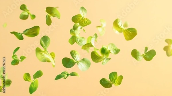 Fototapeta Garden cress leaves floating in mid-air, isolated on an abstract gradient background