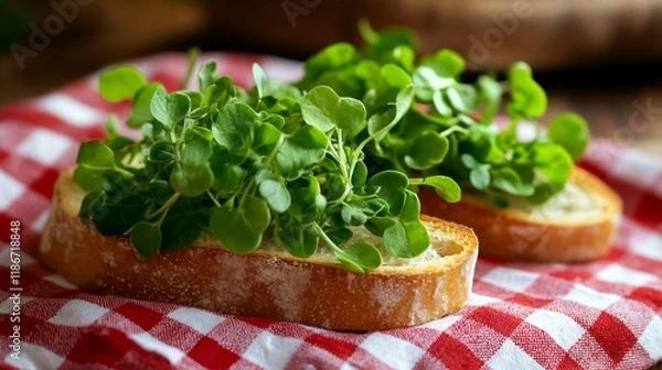 Fototapeta Garden cress used as garnish on an Italian bruschetta, isolated on a checkered red-and-white cloth