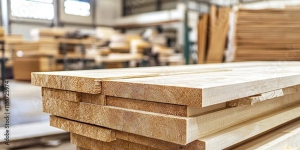 Fototapeta A large stack of natural solid birch boards is ready for table legs production in a contemporary carpentry warehouse, showcasing the quality and versatility of natural solid birch in woodworking.