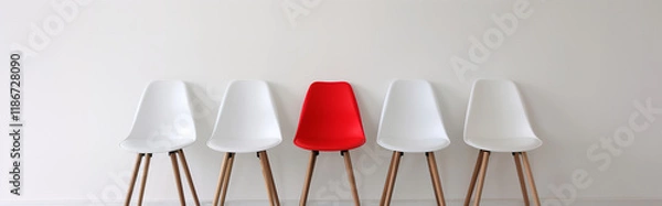 Obraz Chairs arranged in a row on a minimalist background with one red chair representing diversity and inclusion in the corporate world - a simple yet powerful design composition