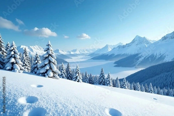 Fototapeta Snowflake covered winter landscape with blue sky and mountains in the background, snowscape, landscape