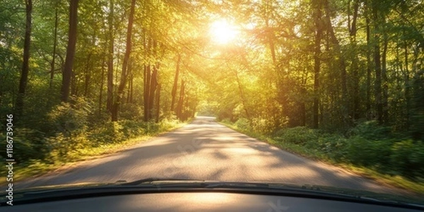 Fototapeta View of the road and lush forest scenery through the car windshield, highlighting the beautiful sunlight illuminating the landscape, creating a serene atmosphere for a drive in nature.