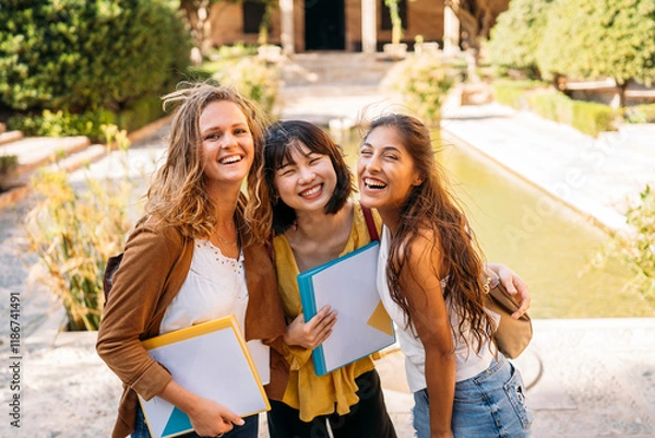 Obraz University exchange students laughing together on campus