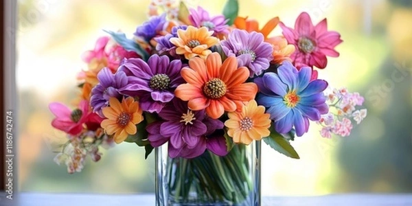 Fototapeta Plastic flowers arranged beautifully in a square jar create a delightful decorative piece. The vibrant plastic flowers add a touch of charm to any setting, making the square jar a perfect centerpiece.