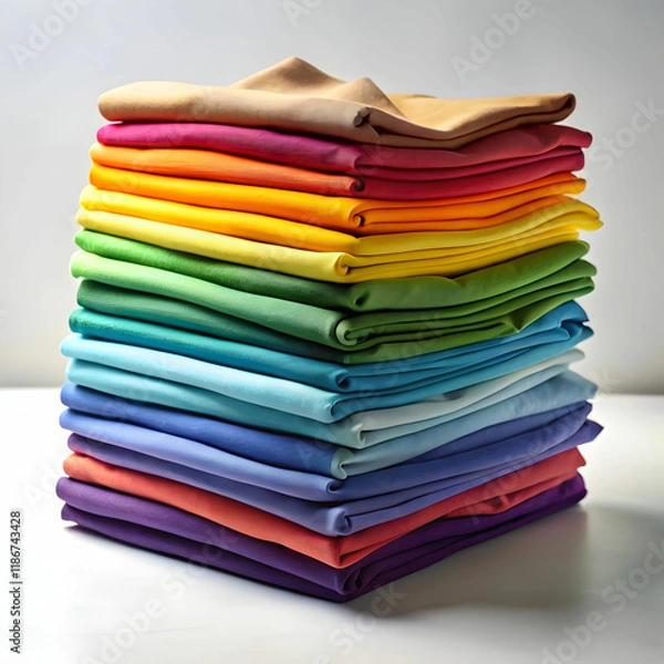 Fototapeta A stack of neatly folded T-shirts in assorted colors,