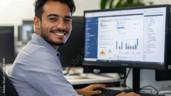 Fototapeta Smiling Data Analyst: A young, smiling data analyst looks over his shoulder,  working on a computer displaying charts and graphs. His positive expression conveys confidence and success in his work. 