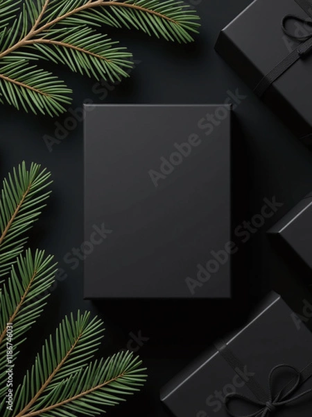 Fototapeta Black Boxes Placed Atop A Black Top View With Pine Tree Branches To Convey A Black Friday Shopping Concept Idea. 00003