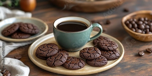 Fototapeta Delight in a cup of coffee paired with delicious chocolate cookies, creating a perfect moment to savor the rich flavors of coffee and the sweetness of chocolate cookies together.