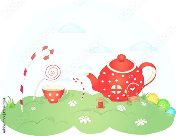 Obraz Cartoon cute candy land and teapot house, vector illustration 