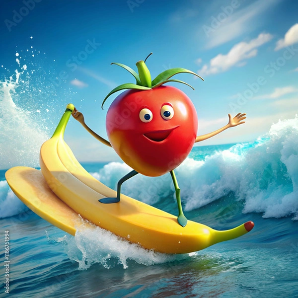 Fototapeta a-tomato-floating-like-a-surfboard--with-a-tiny-ba