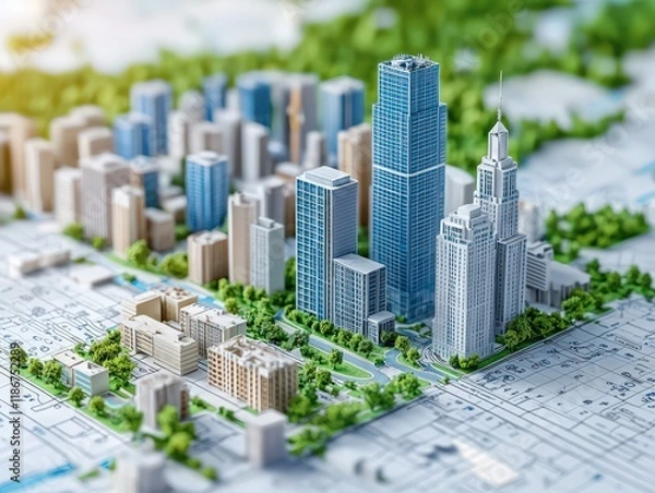 Fototapeta BUILDING PERMIT CONCEPT with imaginary cadastral map and General Urban Plan. Building activity and construction industry ideas with cityscape