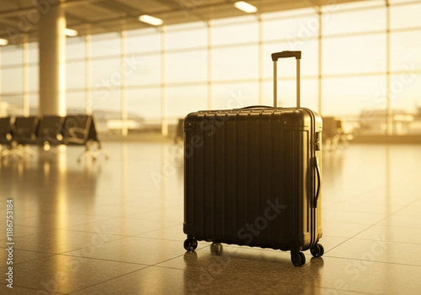Fototapeta 日差しが差し込む空港の待合所にキャリーケース