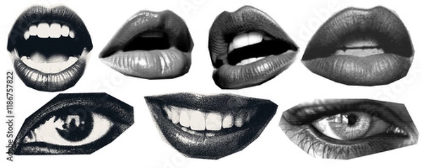 Fototapeta Scan Magazine, newspaper clipping, Vintage elements. illustration of grunge dadaism texture icons for psychedelic. lips, smile, eye, sexy, open, female, mouth.