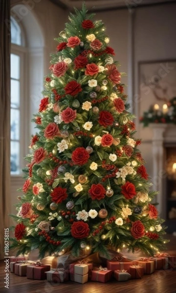 Fototapeta A beautifully decorated Christmas tree with a garland made of flowers, flower,