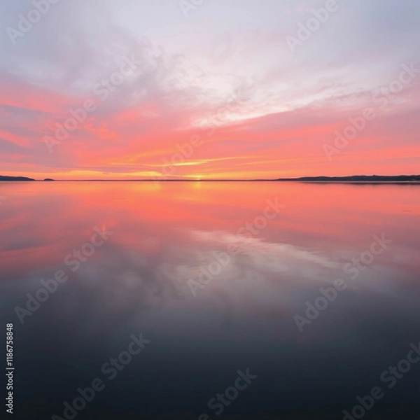 Fototapeta A tranquil lake reflecting a sunset with vibrant hues