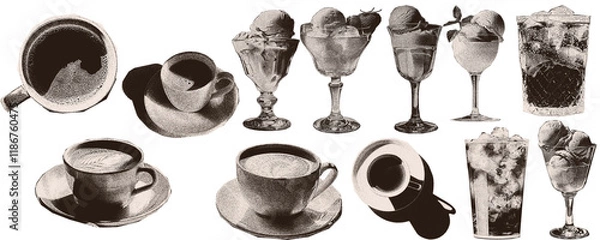Fototapeta Scan Magazine, newspaper clipping, Vintage elements. illustration of grunge dadaism texture icons for psychedelic. drinks, cocktails, dessert, ice cream, cup, alcohol, ice.