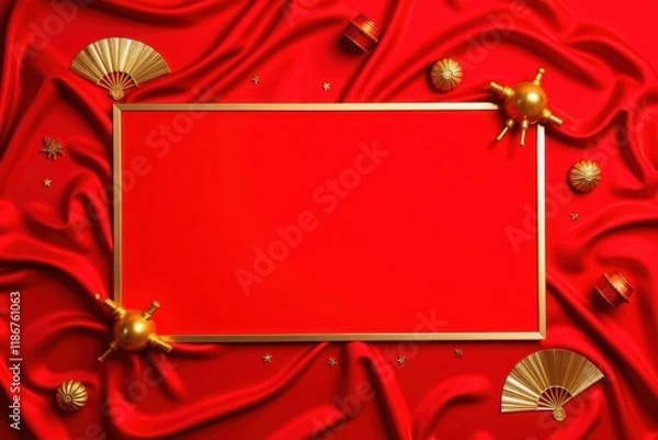 Obraz Elegant Red and Gold Display with Decorative Elements for Festive Celebrations and Promotions Featuring a Blank Billboard Space