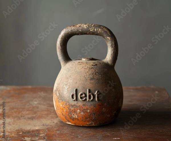 Fototapeta kettlebell with the word "debt," symbolizing the burden of financial stress.
