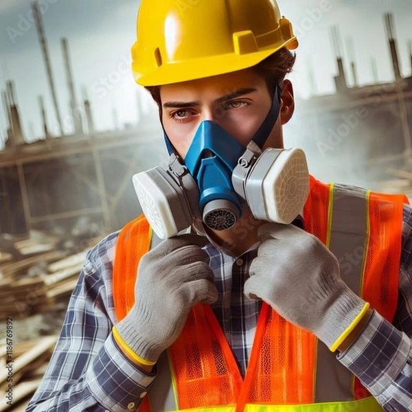 Fototapeta Construction worker with protective breathing apparatus