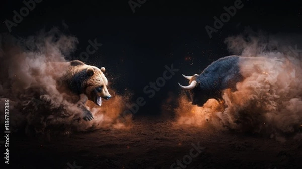 Obraz Two bears are fighting in the dirt, with one bear having its head in the air