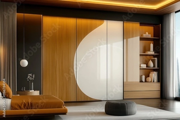 Obraz Modern Minimalist Bedroom with Glossy Sliding Door Wooden Wardrobe