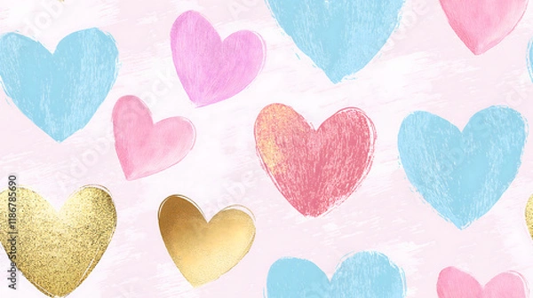 Fototapeta Charming pattern of hearts in pink, blue, and gold on a light pink background with brush strokes.