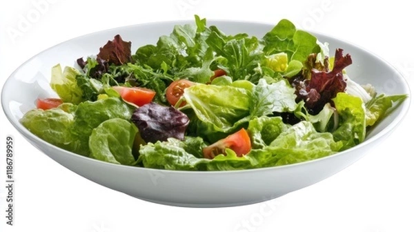 Fototapeta Fresh green salad with cherry tomatoes in a white bowl.