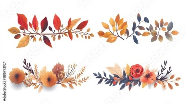 Fototapeta Four autumnal floral arrangements with leaves, branches, and flowers.