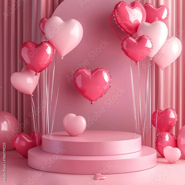 Fototapeta Luxury 3d scene with pink, golden metallic heart  balloons.Anniversary, Birthday,  Valentine's Day background for  celebrations, festive events. Generative ai
